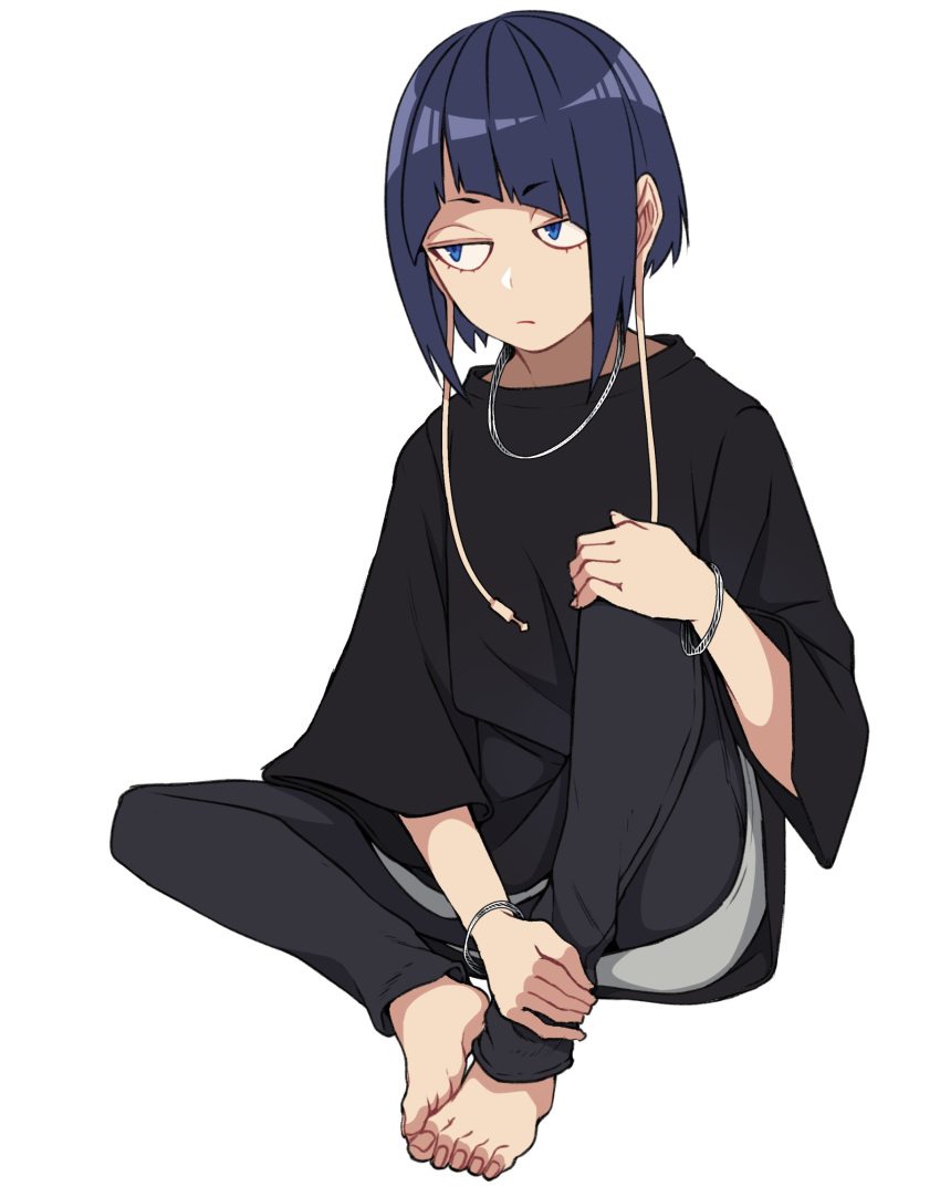 1girl alternate_costume bangs barefoot black_pants black_shirt blue_eyes blue_hair boku_no_hero_academia bracelet closed_mouth eyebrows_visible_through_hair facing_viewer frown hand_on_own_knee hand_on_own_leg highres jack_plug jewelry jirou_kyouka knee_up kobaji long_sleeves looking_away pants shirt short_hair simple_background sitting sleeves_past_wrists solo white_background wide_sleeves