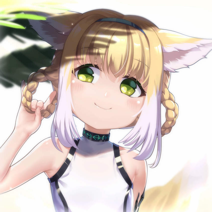 1girl \n/ animal_ears arknights bangs bare_arms bare_shoulders blonde_hair blue_hairband blurry blurry_background blush braid closed_mouth depth_of_field eyebrows_visible_through_hair green_eyes hair_between_eyes hair_rings hairband hand_up head_tilt highres holding holding_hair leotard looking_away looking_to_the_side multicolored_hair simple_background smile solo suzuran_(arknights) tail tail_raised too-ye twin_braids two-tone_hair upper_body white_background white_hair white_leotard