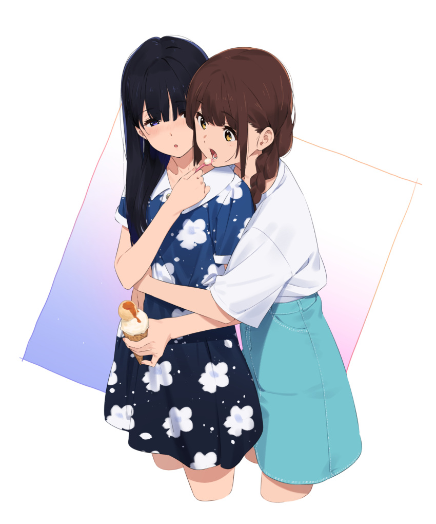 2girls alternate_costume alternate_hairstyle black_dress blue_skirt casual character_request commentary copyright_request cowboy_shot cropped_legs dress feeding floral_print food highres hug hug_from_behind ice_cream kamo_kamen multiple_girls shirt skirt white_background white_shirt yuri