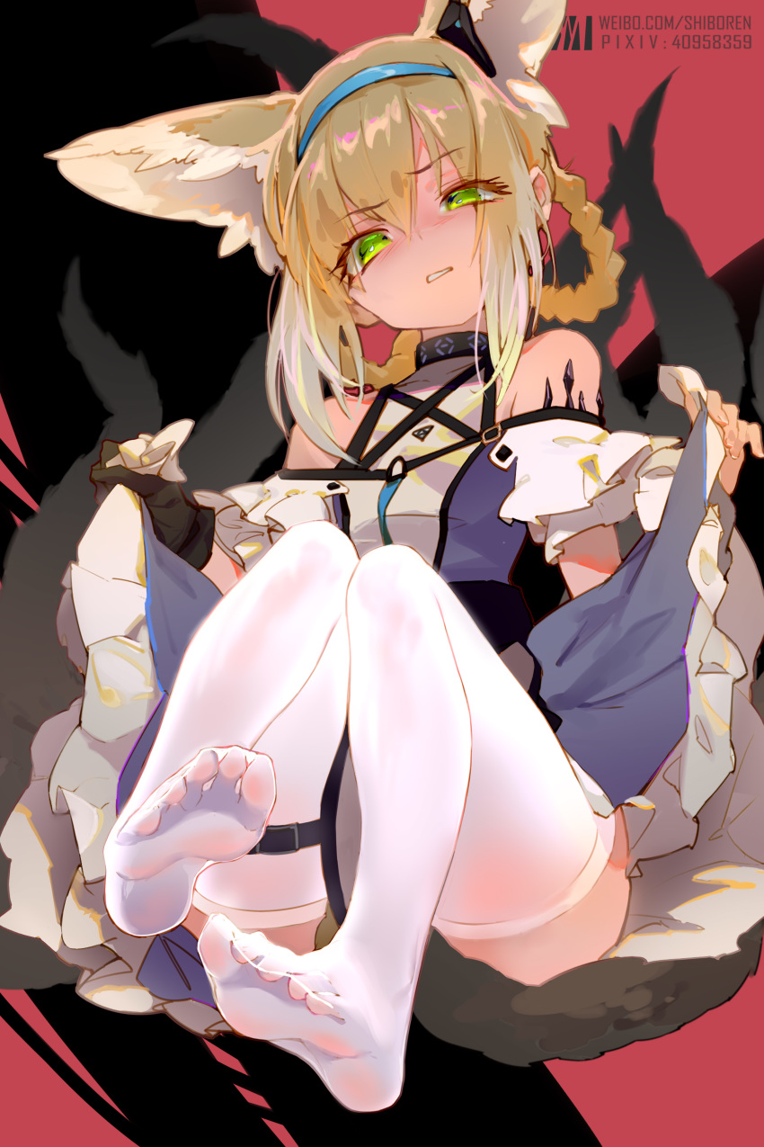 1girl absurdres animal_ears arknights bangs bare_shoulders blonde_hair blue_hairband commentary_request dm_(dai_miao) eyebrows_visible_through_hair fox_ears green_eyes hair_between_eyes hair_rings hairband head_tilt highres looking_at_viewer no_shoes oripathy_lesion_(arknights) revision short_hair skirt_hold solo suzuran_(arknights) thigh-highs thighs white_legwear