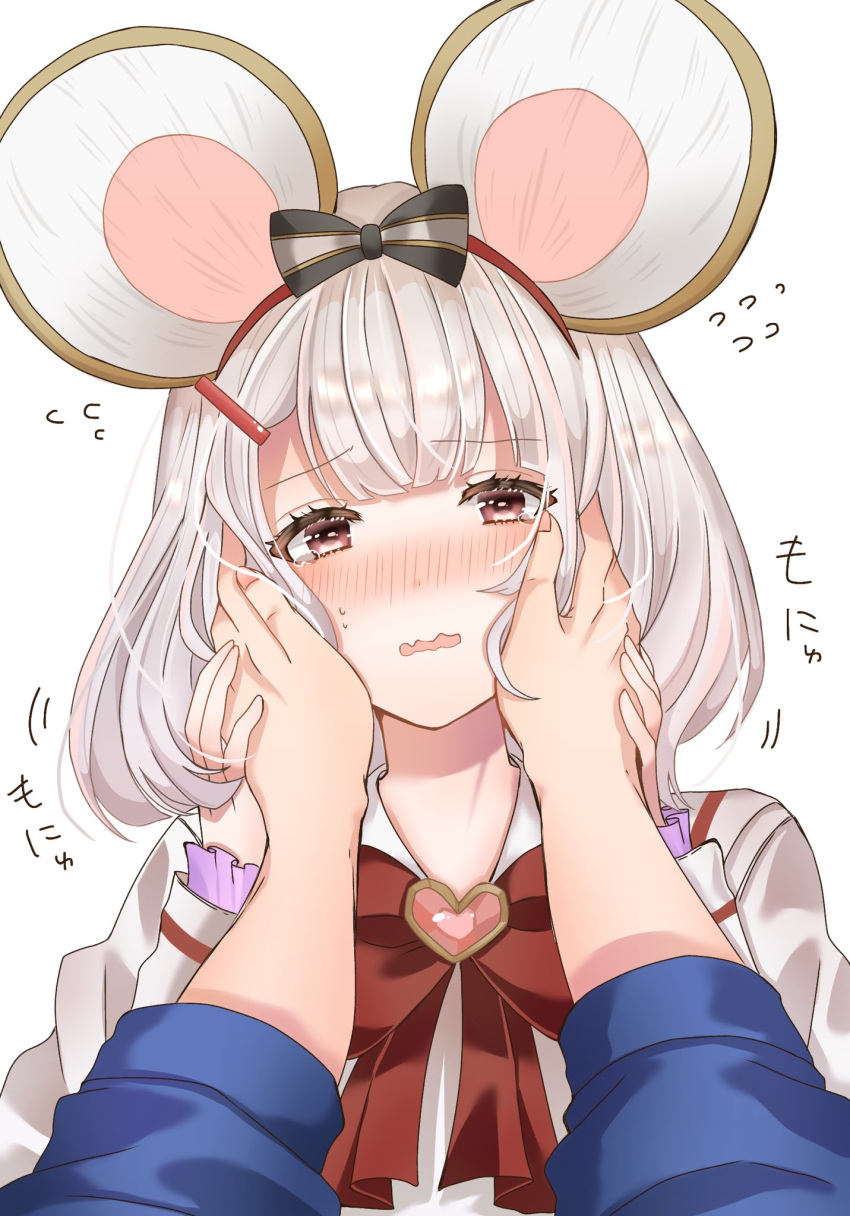 1boy 1girl animal_ears blush embarrassed granblue_fantasy hands_on_another's_cheeks hands_on_another's_face highres holding_hands mouse_ears osechi_45 red_eyes short_hair vikala_(granblue_fantasy) wavy_mouth white_hair