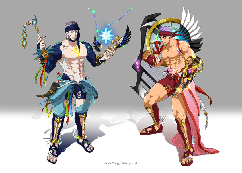 1boy abs alternate_costume bara black_hair blue_eyes bracelet bulge chest collaboration couple facial_hair fingerless_gloves floating floating_object full_body gloves glowing goatee gradient gradient_background green_eyes grey_hair gyee harp headband horn_(instrument) instrument jewelry male_focus manly minato_(mina_20mg) muscle navel nipples pectorals purple_hair revealing_clothes shirtless sho_yumoti short_hair shrug_(clothing) sideburns single_fingerless_glove sky solo standing stubble su_(gyee) thick_thighs thigh_cutout thighs tight twitter_username weapon winged_footwear yan_(gyee)