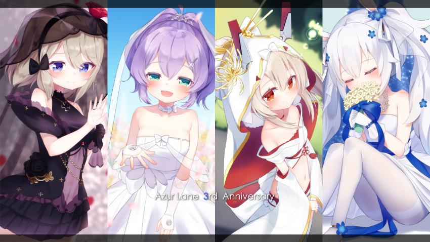 4girls :d animal_ears anniversary ayanami_(azur_lane) ayanami_(demon's_dress)_(azur_lane) azur_lane bangs bare_shoulders black_bow black_dress black_flower black_rose blue_flower blush bouquet bow breasts closed_eyes closed_mouth collarbone commentary_request copyright_name dress elbow_gloves eyebrows_visible_through_hair feet_out_of_frame fingerless_gloves flower gloves green_eyes hair_between_eyes hair_flower hair_ornament hand_up headgear highres holding holding_bouquet hood hood_up javelin_(azur_lane) javelin_(blissful_june_bride)_(azur_lane) jewelry kokone_(coconeeeco) laffey_(azur_lane) laffey_(white_rabbit's_oath)_(azur_lane) light_brown_hair long_hair medium_breasts midriff multiple_girls navel open_mouth pantyhose purple_hair rabbit_ears red_eyes ring rose see-through shoes silver_hair sleeveless sleeveless_dress small_breasts smile strapless strapless_dress thighband_pantyhose twintails veil very_long_hair wedding_band wedding_dress white_dress white_footwear white_gloves white_legwear yellow_flower z23_(azur_lane) z23_(schwarze_hochzeit)_(azur_lane)