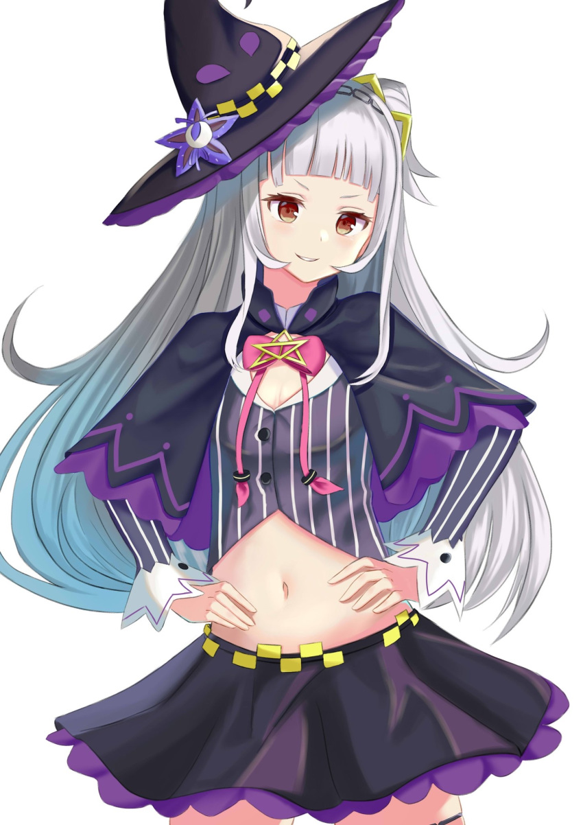 1girl bangs black_capelet black_headwear black_skirt blunt_bangs blush brown_eyes buttons capelet cowboy_shot crop_top eyelashes grin hairband hands_on_hips hat highres hololive long_hair long_sleeves looking_at_viewer lowleg lowleg_skirt microskirt midriff murasaki_shion natsuki_(natukituki) one_side_up pentagram silver_hair simple_background skirt smile solo star_(symbol) striped thigh-highs tilted_headwear v-shaped_eyebrows vertical_stripes virtual_youtuber white_background witch_hat yellow_eyes