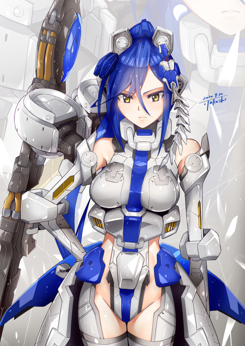 1girl blue_hair breasts dated gundam gundam_wing gundam_wing_endless_waltz hand_on_hip highres i.takashi long_hair mecha_musume medium_breasts personification ponytail scowl skin_tight solo tallgeese_iii tied_hair yellow_eyes zoom_layer