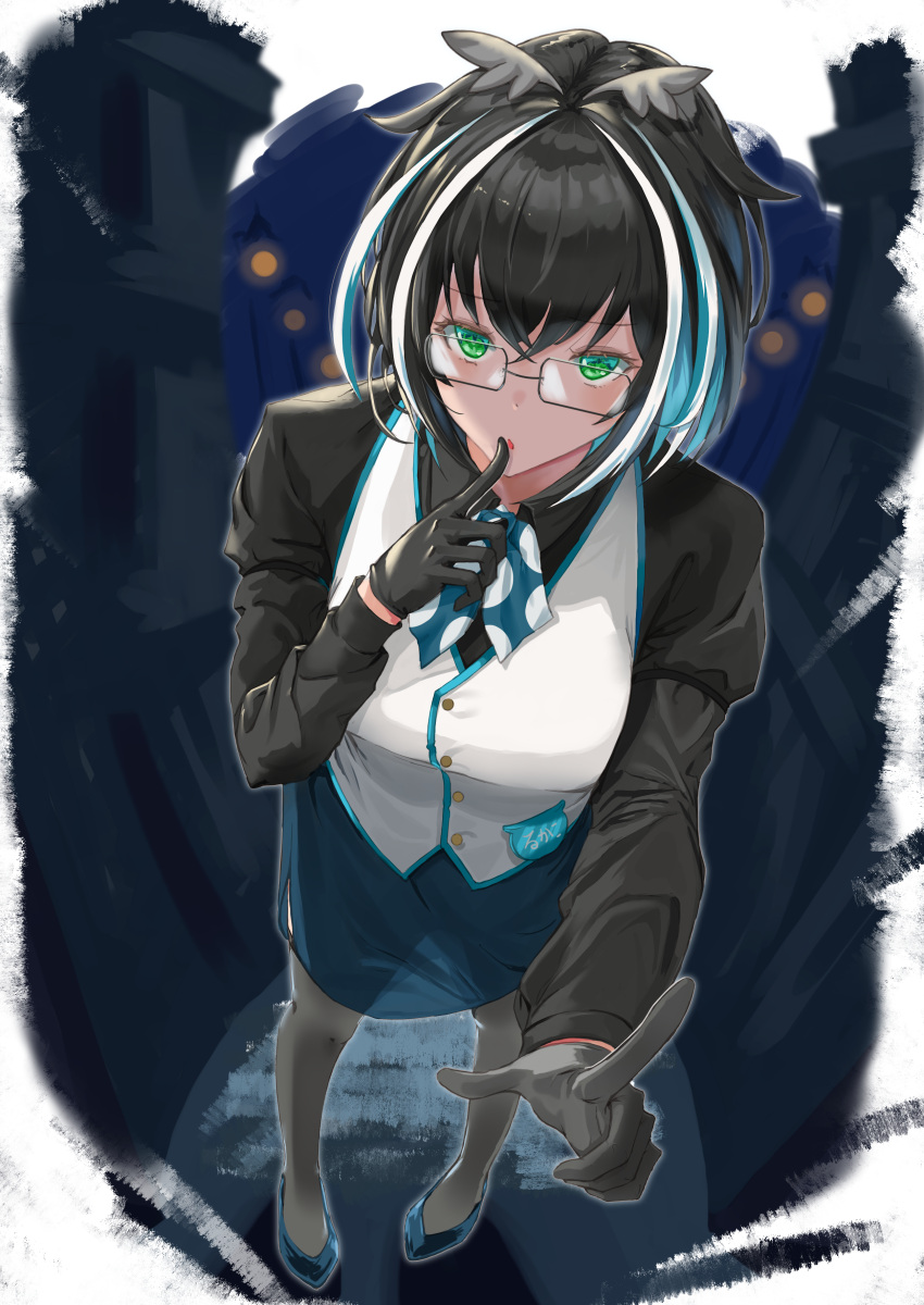 1girl absurdres animare bangs black_gloves black_hair black_shirt blue_hair blue_neckerchief blue_skirt clothes_grab eyebrows_visible_through_hair finger_to_mouth foreshortening from_above full_body gloves green_eyes highres index_finger_raised looking_at_viewer multicolored_hair neckerchief oura_rukako parted_hair pencil_skirt polka_dot_neckerchief sankyo_(821-scoville) shirt shoes shushing side_slit skirt sleeve_grab solo streaked_hair thigh-highs vest virtual_youtuber white_hair white_vest