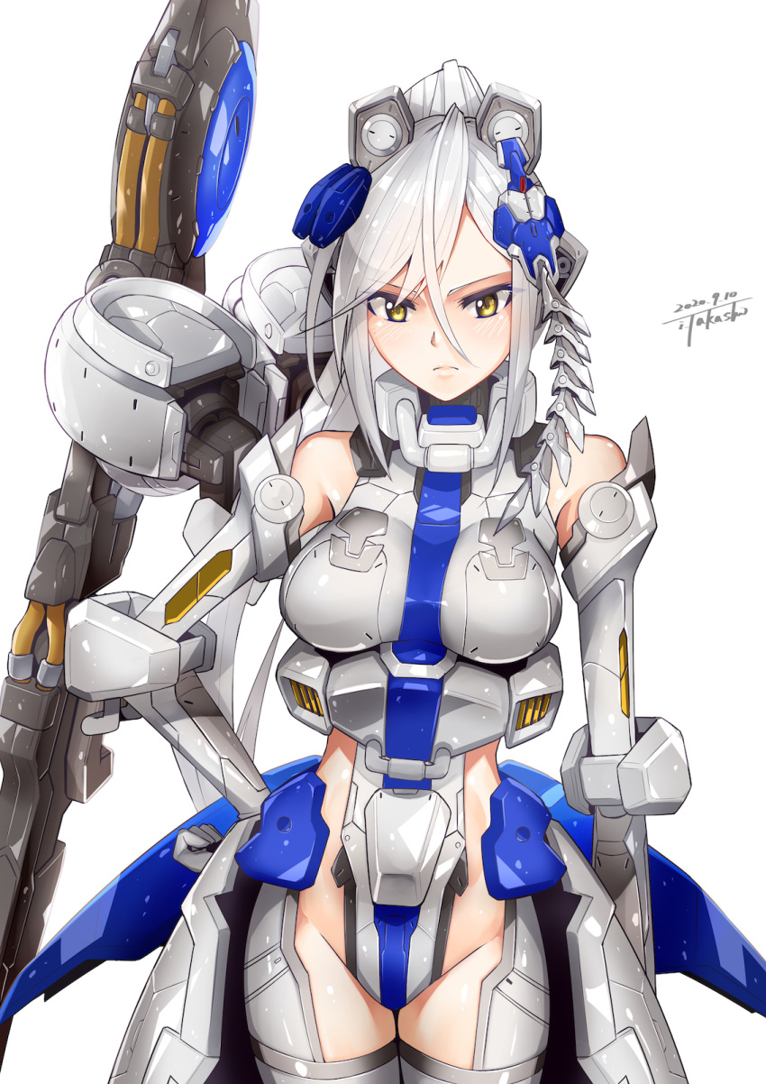 1girl breasts dated gundam gundam_wing gundam_wing_endless_waltz hand_on_hip highres i.takashi long_hair mecha_musume medium_breasts personification ponytail scowl skin_tight solo tallgeese_iii tied_hair white_background white_hair yellow_eyes