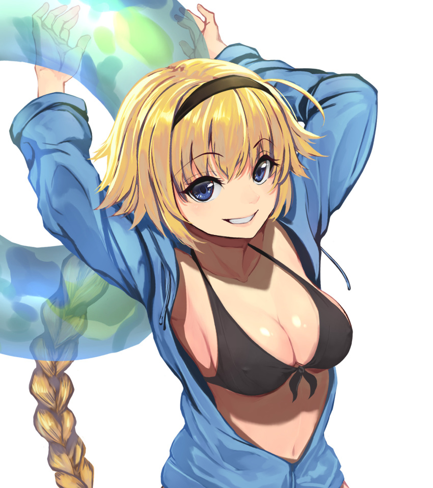 1girl arms_up bangs bikini black_bikini blonde_hair blue_eyes braid breasts eyebrows_visible_through_hair fate/grand_order fate_(series) front-tie_bikini front-tie_top grin headband highres holding innertube jeanne_d'arc_(fate) jeanne_d'arc_(fate)_(all) large_breasts long_hair looking_at_viewer navel simple_background single_braid smile solo sudako_(dai011305) sweatshirt swimsuit unzipped very_long_hair white_background