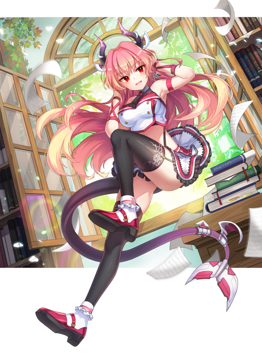 1girl absurdres arm_up armband armpits ass bare_shoulders black_legwear book book_stack breasts copyright_request crop_top demon_horns demon_tail dutch_angle floating_hair full_body garter_straps gradient_hair hair_intakes hand_up highres horns knee_up kyjsogom large_breasts long_hair looking_at_viewer midriff miniskirt multicolored_hair open_mouth paper pink_hair red_eyes shirt shoes skirt sleeveless sleeveless_shirt smile solo tail taut_clothes taut_shirt thigh-highs thighs very_long_hair white_footwear white_shirt white_skirt wind window