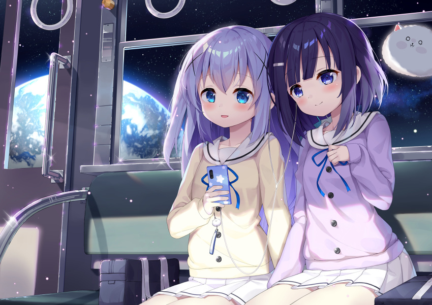 1other 2girls angora_rabbit bag bench black_hair blue_eyes blue_hair cardigan cellphone commentary_request earphones earphones earth floating fuiba_fuyu gochuumon_wa_usagi_desu_ka? hair_ornament hairclip highres indoors kafuu_chino listening_to_music long_hair multiple_girls open_mouth phone pink_cardigan rabbit school_uniform shared_earphones short_hair sitting skirt smartphone smile space star_(sky) taku_michi tippy_(gochiusa) train_interior white_cardigan white_skirt