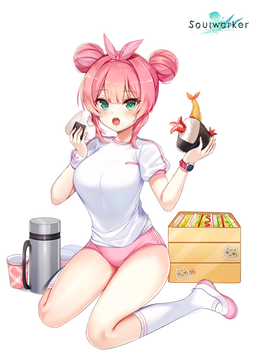 1girl :o absurdres aqua_eyes bottle breasts buruma chii_aruel cup double_bun food food_on_face gradient_hair gym_uniform hair_ribbon hands_up highres holding holding_food kneehighs large_breasts long_hair looking_at_viewer maett multicolored_hair obentou official_art onigiri open_mouth pink_buruma pink_hair ribbon shirt shoes short_sleeves sitting solo soul_worker sweatband thighs uwabaki wariza watch watch white_background white_footwear white_legwear white_shirt