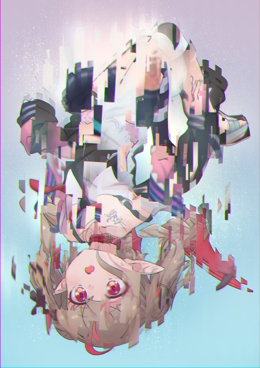 1girl :o absurdres ahoge bare_shoulders collar demon_girl demon_wings dissolving falling full_body glitch gradient gradient_background grey_hair highres jewelry makaino_ririmu multicolored_hair necklace nijisanji open_mouth pointy_ears red_collar red_eyes red_wings redhead sabamen solo streaked_hair twintails upside-down virtual_youtuber wings