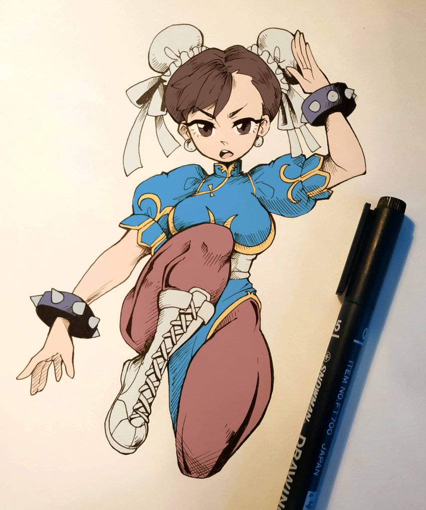 1girl absurdres arm_up bracelet breasts brown_eyes brown_hair brown_legwear bun_cover china_dress chinese_clothes chun-li cross-laced_footwear double_bun dress earrings english_commentary fighting_stance full_body highres jewelry jojowentbananas looking_at_viewer open_mouth pantyhose photo puffy_short_sleeves puffy_sleeves sash short_sleeves side_slit simple_background solo spiked_bracelet spikes street_fighter upper_teeth v-shaped_eyebrows white_footwear white_sash