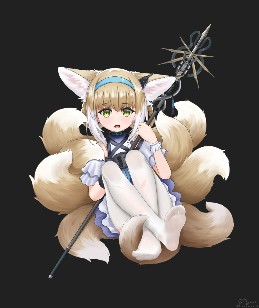 1girl absurdres animal_ears aqua_hairband arknights artist_request blue_hairband feet flower_pot fox_ears fox_girl fox_tail gloves grey_hairband hair_rings hairband highres holding holding_staff hulihulihu kitsune kyuubi multiple_tails no_shoes pantyhose single_glove soles staff stairs stone_stairs suzuran_(arknights) tail toes white_legwear