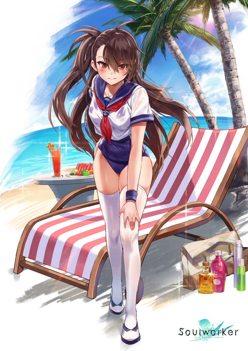 1girl absurdres ahoge bag beach blue_swimsuit bottle breasts brown_hair chair crop_top crop_top_overhang day full_body grin hair_between_eyes hand_on_own_thigh highres leaning_forward lily_bloomerchen long_hair looking_at_viewer lounge_chair medium_breasts neckerchief ocean official_art old_school_swimsuit one-piece_swimsuit one_side_up outdoors palm_tree parted_lips rainmaker red_eyes sailor_collar sailor_shirt school_swimsuit see-through shirt shoes short_sleeves smile solo soul_worker standing sunlight swimsuit table thigh-highs thighs tree very_long_hair white_footwear white_legwear white_shirt wristband
