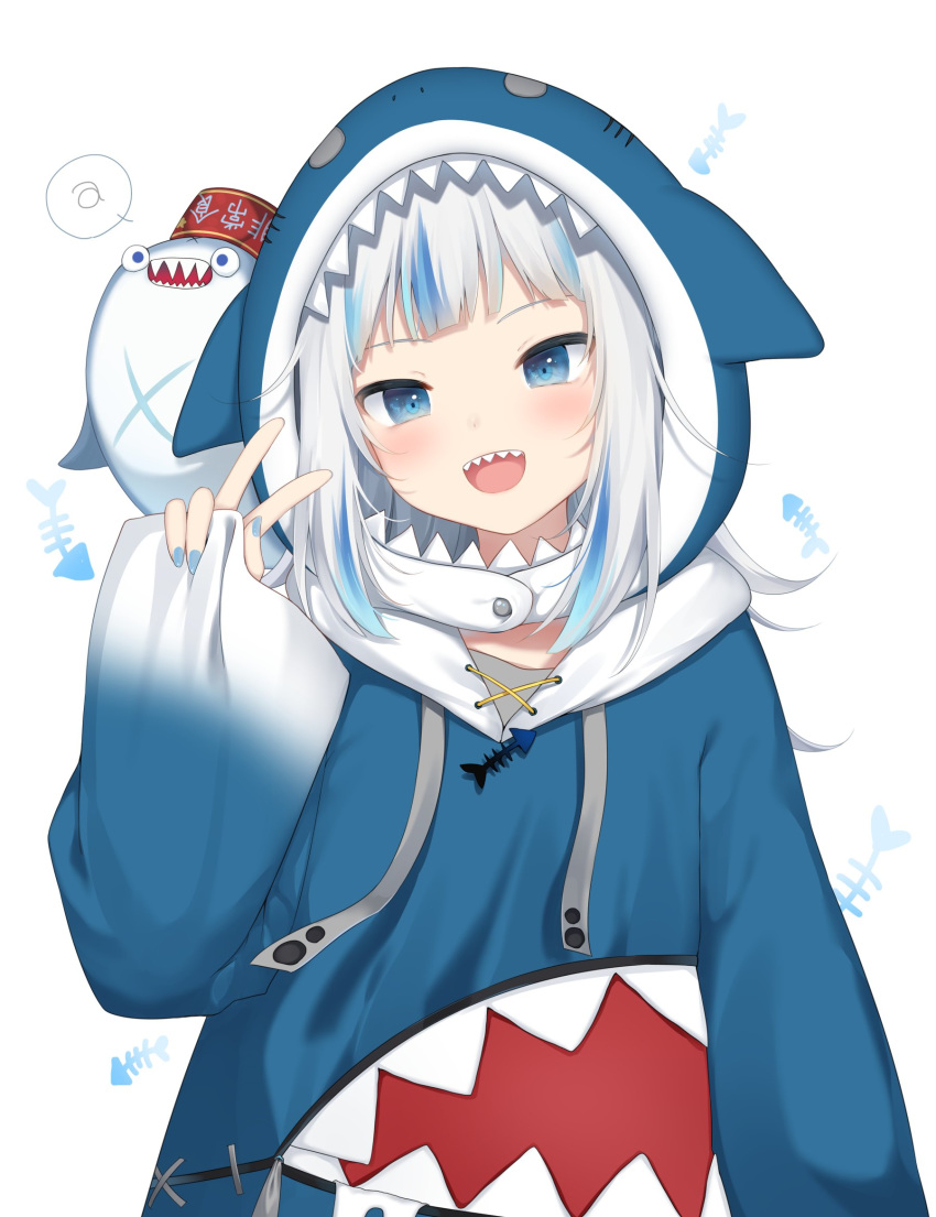 1girl :d amashiro_natsuki blue_hair blue_hoodie blue_nails commentary drawstring gawr_gura hand_up highres hololive hololive_english hood hood_down hoodie long_sleeves looking_at_viewer multicolored_hair nail_polish official_art open_mouth pinching_sleeves shark_hood sharp_teeth simple_background sleeves_past_wrists smile solo streaked_hair teeth upper_body w white_background white_hair