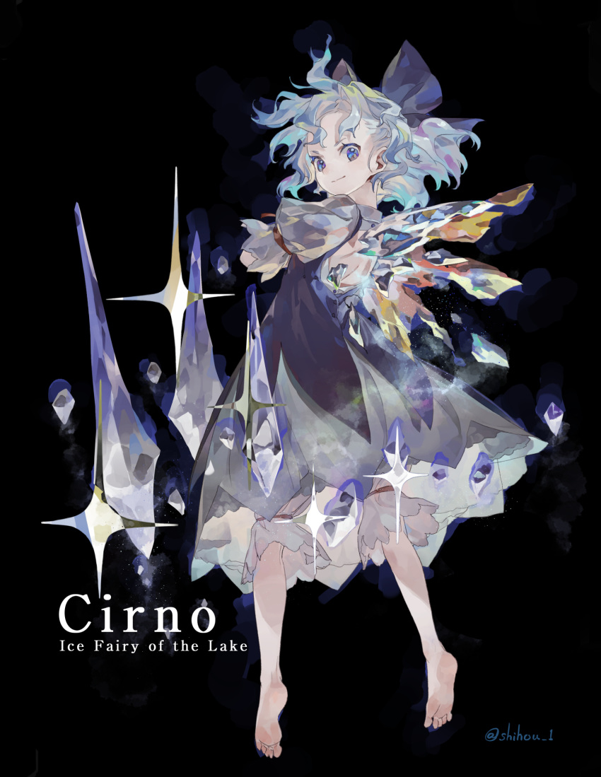 1girl artist_name back_cutout bare_legs barefoot black_background bloomers blue_bow blue_dress blue_eyes blue_hair bow character_name cirno closed_mouth commentary_request dress english_text floating floating_hair floating_object from_behind full_body glint hair_bow highres ice ice_crystal ice_wings looking_back pinafore_dress puffy_short_sleeves puffy_sleeves shihou_(g-o-s) shirt short_hair short_sleeves simple_background solo sparkle touhou twitter_username underwear white_shirt wings