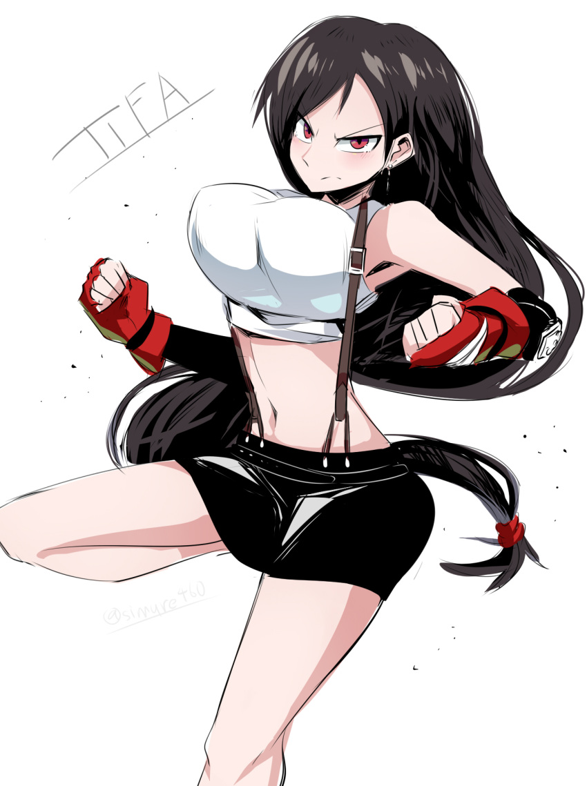 1girl black_hair black_skirt bouncing_breasts breasts character_name clenched_hands crop_top final_fantasy final_fantasy_vii gloves highres large_breasts leg_up long_hair looking_at_viewer midriff navel red_eyes red_gloves shimure_(460) skirt solo tifa_lockhart v-shaped_eyebrows