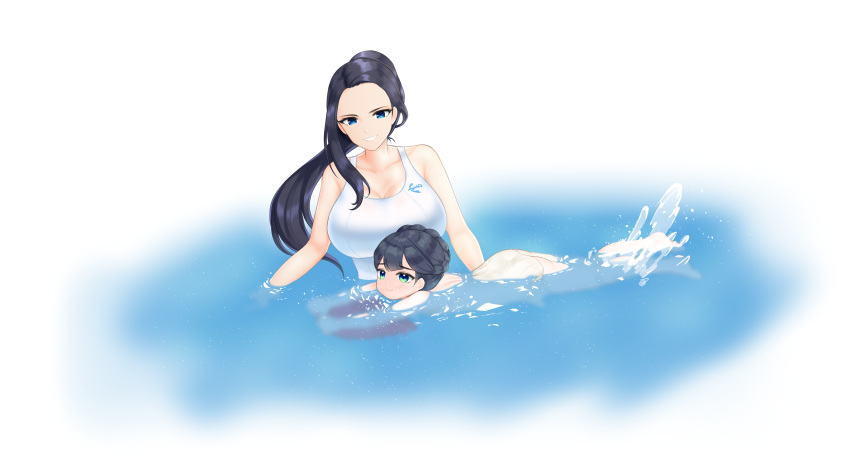 2girls absurdres alternate_hairstyle bangs blue_eyes braid breasts c-33_andvari crown_braid cute dark_blue_hair green_eyes grin highres huge_breasts invincible_dragon kbn317 last_origin motherly multiple_girls one-piece_swimsuit ponytail smile swimming swimming_lessons swimsuit water white_swimsuit