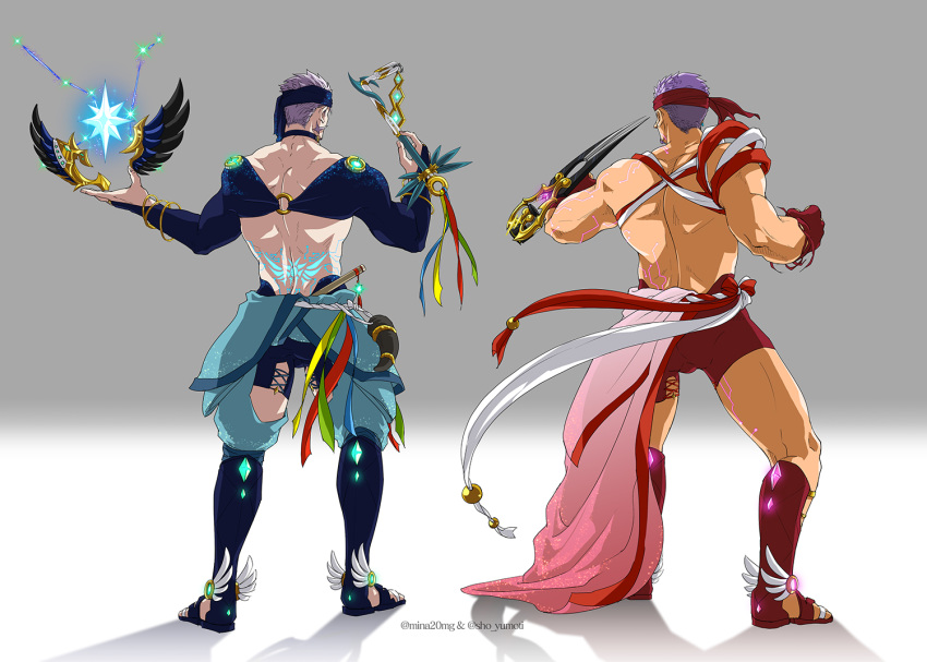 2boys abs alternate_costume bara black_hair bracelet facial_hair fingerless_gloves floating floating_object from_behind full_body gloves glowing goatee grey_hair gyee headband horn_(instrument) instrument jewelry male_focus minato_(mina_20mg) multiple_boys muscle purple_hair revealing_clothes shirtless sho_yumoti short_hair shorts shrug_(clothing) sideburns single_fingerless_glove sky standing su_(gyee) thick_thighs thigh_cutout thighs tight translation_request weapon winged_footwear yan_(gyee)