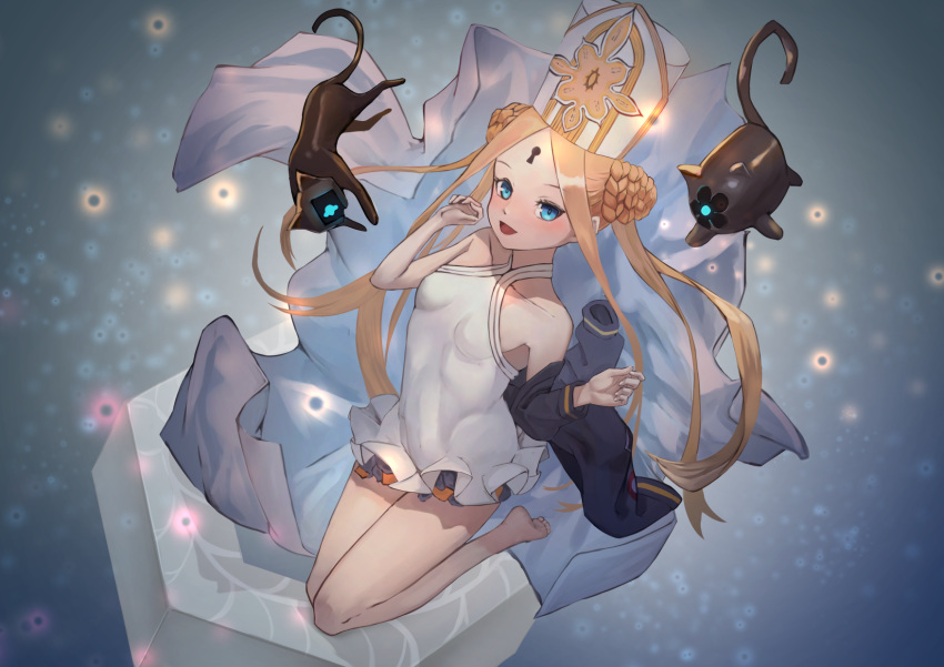 1girl abigail_williams_(fate/grand_order) abigail_williams_(swimsuit_foreigner)_(fate) artist_request bangs bare_shoulders black_bow black_cat black_jacket blonde_hair blue_eyes blush bow braid braided_bun breasts cat double_bun dress_swimsuit fate/grand_order fate_(series) forehead highres jacket keyhole long_hair looking_at_viewer mitre multiple_bows open_mouth orange_bow parted_bangs sidelocks small_breasts smile swimsuit twintails very_long_hair white_headwear white_swimsuit
