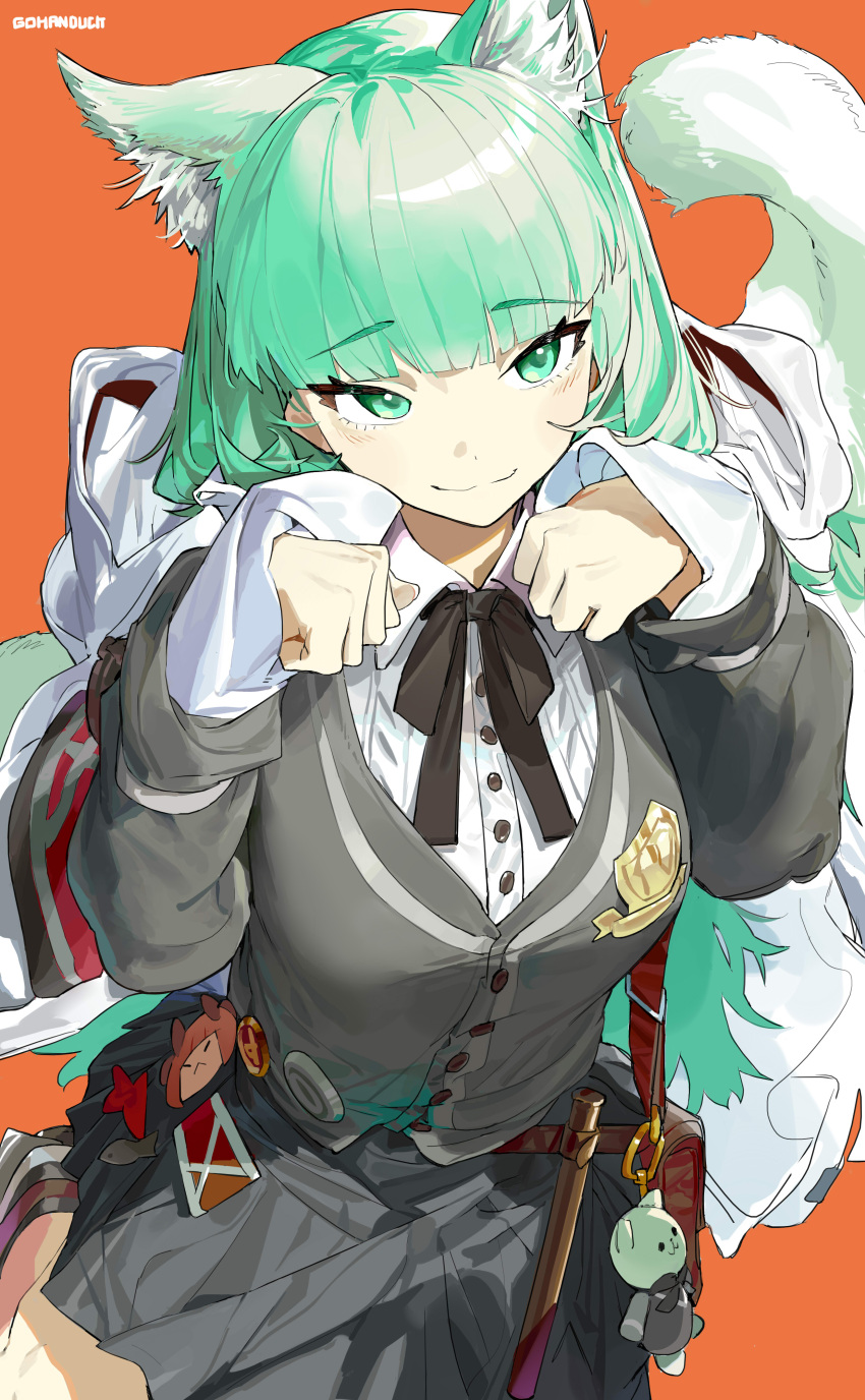 absurdres animal_ear_fluff animal_ears arknights artist_name cape cardigan cat_ears cat_tail collared_shirt gohanduck green_eyes green_hair grey_cardigan harmonie_(arknights) highres hood hooded_cape long_hair neck_ribbon paw_pose pleated_skirt ribbon shirt skirt tail upper_body white_cape white_shirt