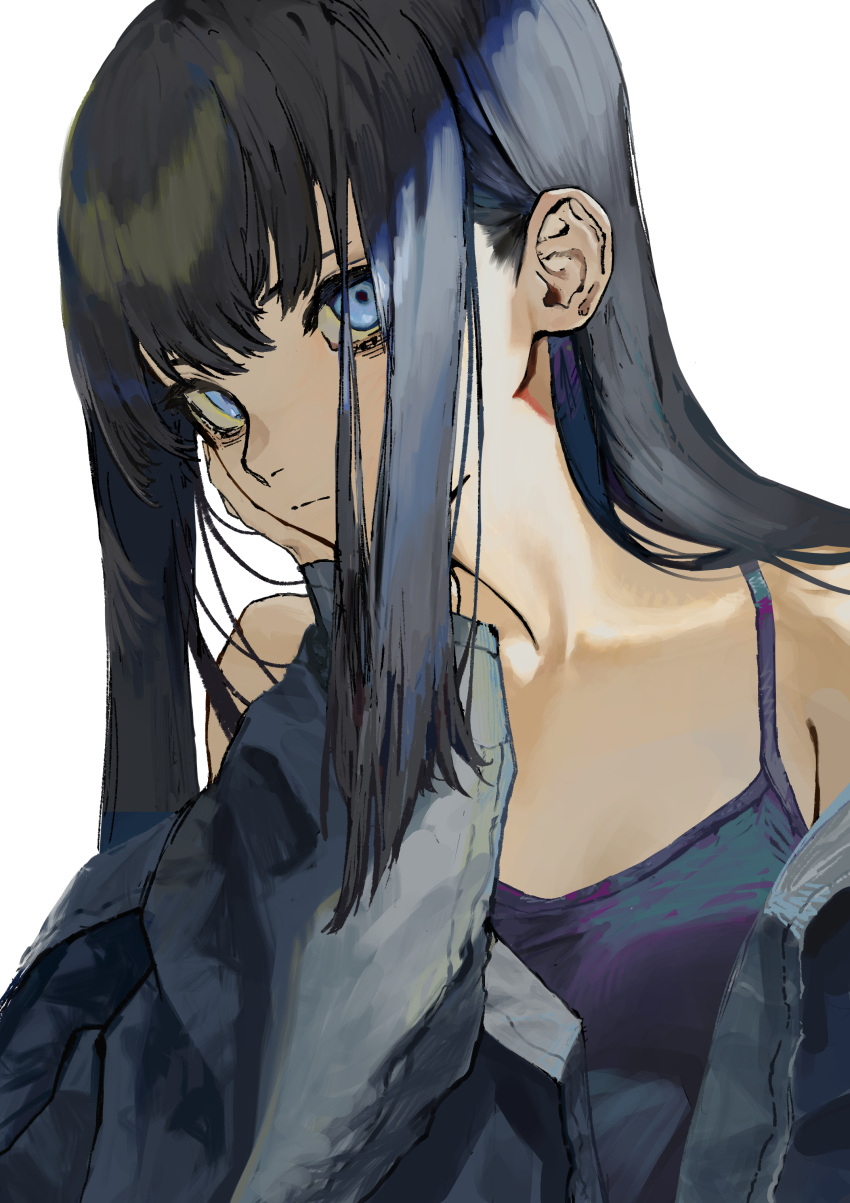 1girl absurdres bare_shoulders black_hair blue_eyes closed_mouth collarbone dachi_mahi face grey_jacket hand_on_own_face highres jacket long_hair looking_at_viewer off-shoulder_jacket original simple_background solo upper_body white_background