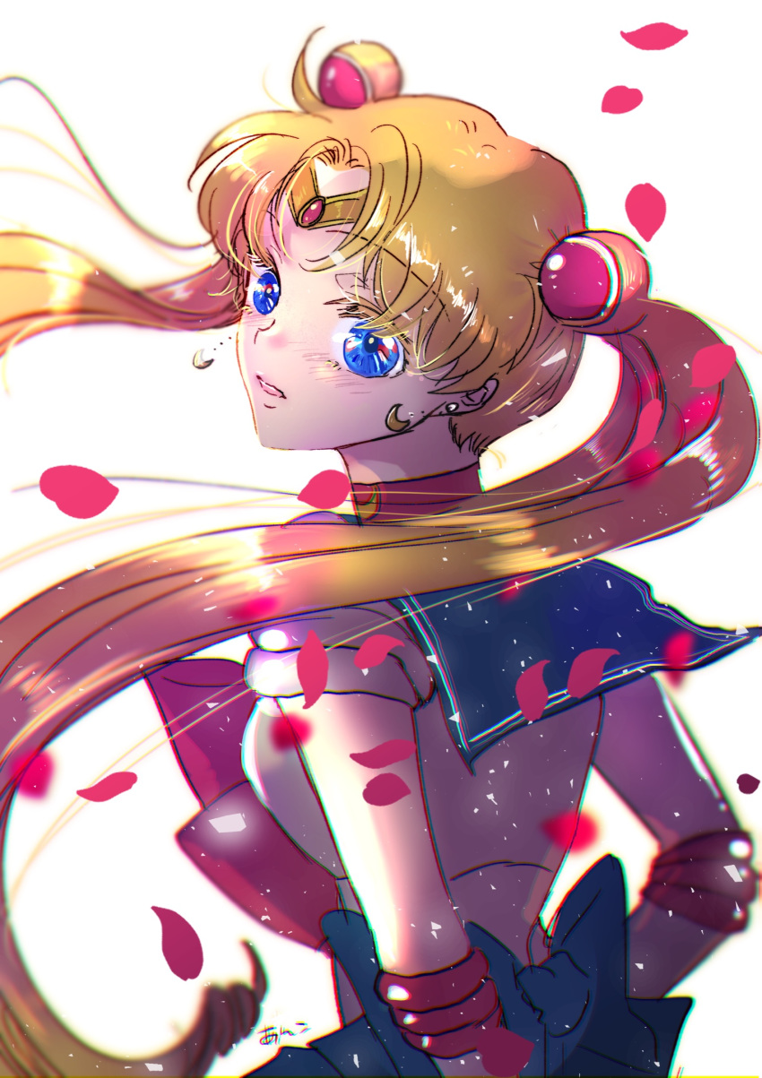 1girl arms_behind_back back_bow bishoujo_senshi_sailor_moon blonde_hair blue_bow blue_eyes blue_sailor_collar bow bowtie circlet collared_shirt crescent crescent_earrings dolcexxx double_bun earrings floating_hair from_behind hair_intakes head_tilt highres jewelry long_hair open_mouth red_bow red_neckwear sailor_collar sailor_moon sailor_senshi_uniform sailor_shirt shiny shiny_hair shirt short_sleeves solo twintails upper_body very_long_hair white_background white_shirt