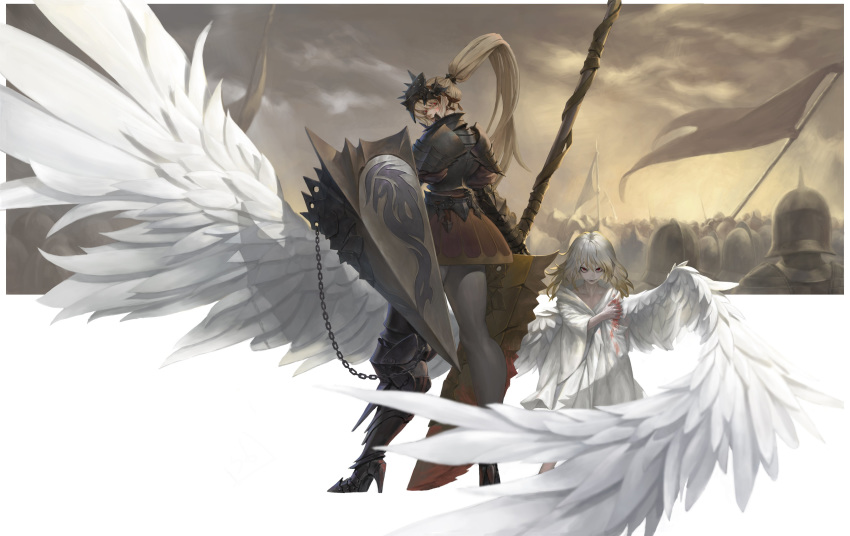 1boy 1girl 6+others absurdres ambiguous_gender angel angel_wings armor army back bleeding blonde_hair blood blood_on_face blood_stain bloody_hair chain closed_mouth clouds cloudy_sky cococo00 collarbone feathered_wings fingernails flag greaves grey_legwear helm helmet highres holding holding_flag holding_weapon huge_weapon injury long_fingernails long_hair looking_at_viewer looking_back medium_hair multicolored multicolored_hair multiple_others original outdoors pauldrons ponytail red_eyes sharp_fingernails shield shoulder_armor sky spikes vambraces veins weapon white_hair wings