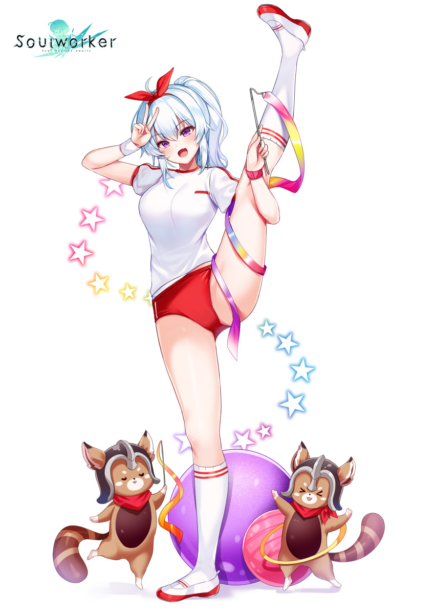 1girl :d absurdres ahoge animal ass ball buruma ephnel fang full_body gym_uniform hair_ribbon hand_up highres holding kneehighs leg_up long_hair looking_at_viewer maett official_art open_mouth ponytail raccoon red_buruma ribbon shirt shoes short_sleeves smile solo soul_worker standing standing_on_one_leg streamers sweatband thighs uwabaki v violet_eyes white_background white_footwear white_hair white_legwear white_shirt wristband