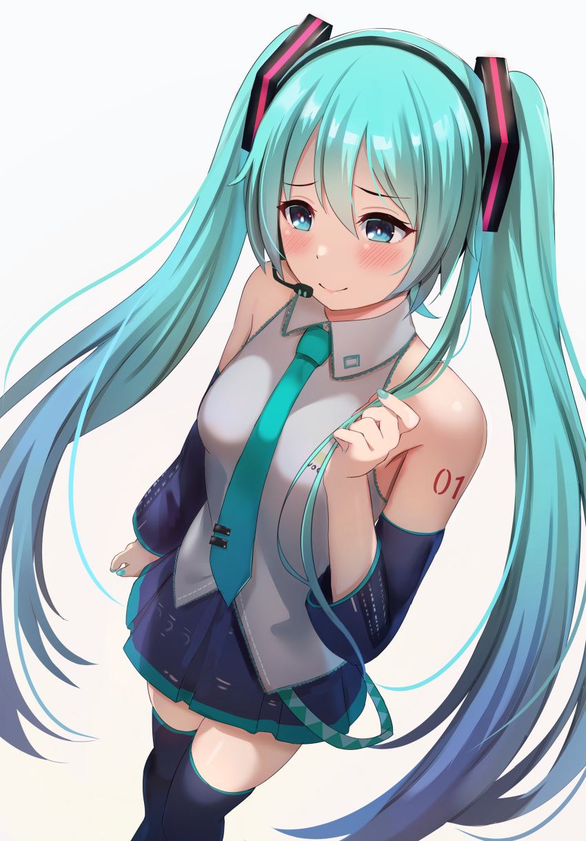 1girl absurdres arm_tattoo blue_eyes blue_hair detached_sleeves embarrassed from_above hatsune_miku headset highres light_blush long_hair necktie ponyaru solo tattoo twintails very_long_hair vocaloid white_background