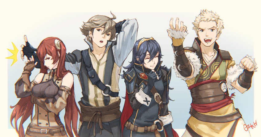 2boys 2girls ahoge arm_behind_head bare_shoulders blonde_hair blue_hair brown_eyes brown_hair closed_eyes fire_emblem fire_emblem_awakening fire_emblem_fates hand_on_own_chin hand_up highres inigo_(fire_emblem) long_hair looking_down lucina lucina_(fire_emblem) md5_mismatch multiple_boys multiple_girls odin_(fire_emblem) open_mouth owain_(fire_emblem) ozkh6 red_eyes redhead selena_(fire_emblem_fates) severa_(fire_emblem) simple_background slapping smirk twintails white_background yawning