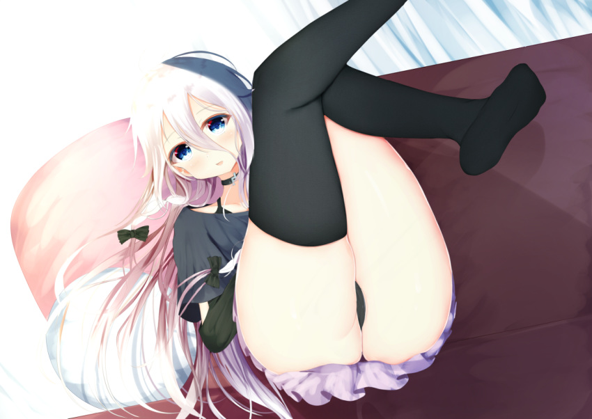 1girl :d aties20 bangs black_bow black_legwear black_panties black_shirt blue_eyes blush bow brown_hair commentary_request eyebrows_visible_through_hair gradient_hair hair_between_eyes hair_bow ia_(vocaloid) legs_up long_hair looking_at_viewer multicolored_hair no_shoes off-shoulder_shirt off_shoulder on_chair open_mouth panties pillow pleated_skirt purple_skirt shirt skirt smile soles solo thigh-highs underwear very_long_hair vocaloid white_hair
