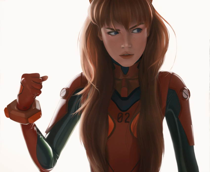 1girl blue_eyes bodysuit clenched_hand cosplay english_commentary highres lem long_hair neon_genesis_evangelion orange_hair parted_lips photo-referenced pilot_suit plugsuit real_life realistic shirogane-sama_(cosplayer) solo souryuu_asuka_langley white_background