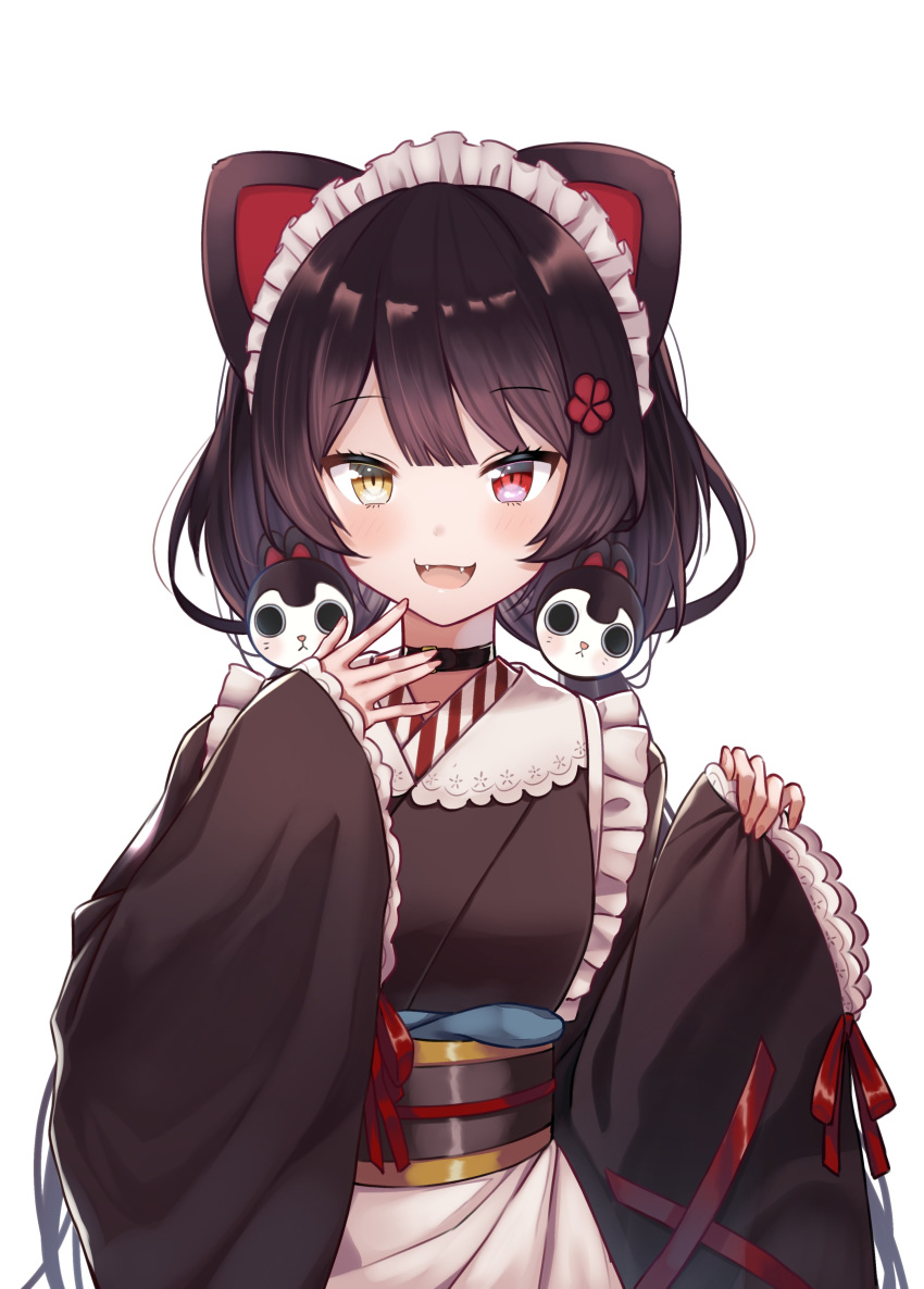 1girl absurdres animal_ears apron bangs black_collar black_hair black_kimono blush collar dog_ears dog_girl dog_hair_ornament eyebrows_visible_through_hair fangs flower frilled_apron frills hair_flower hair_ornament heterochromia highres inui_toko japanese_clothes kimono long_hair long_sleeves looking_at_viewer low_twintails maid_headdress muraco_shogo nijisanji obi open_mouth red_eyes red_flower red_ribbon ribbon sash simple_background sleeves_past_wrists smile solo twintails very_long_hair virtual_youtuber wa_maid waist_apron white_apron white_background wide_sleeves yellow_eyes