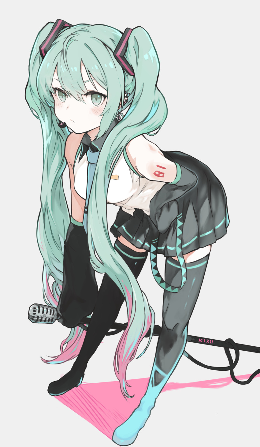 1girl absurdres aqua_hair black_skirt boots detached_sleeves earrings green_eyes hatsune_miku headset highres jewelry kintsuba leaning_forward long_hair microphone_stand necktie pleated_skirt skirt sleeveless sleeves_past_wrists solo thigh-highs thigh_boots twintails v-shaped_eyebrows very_long_hair vocaloid