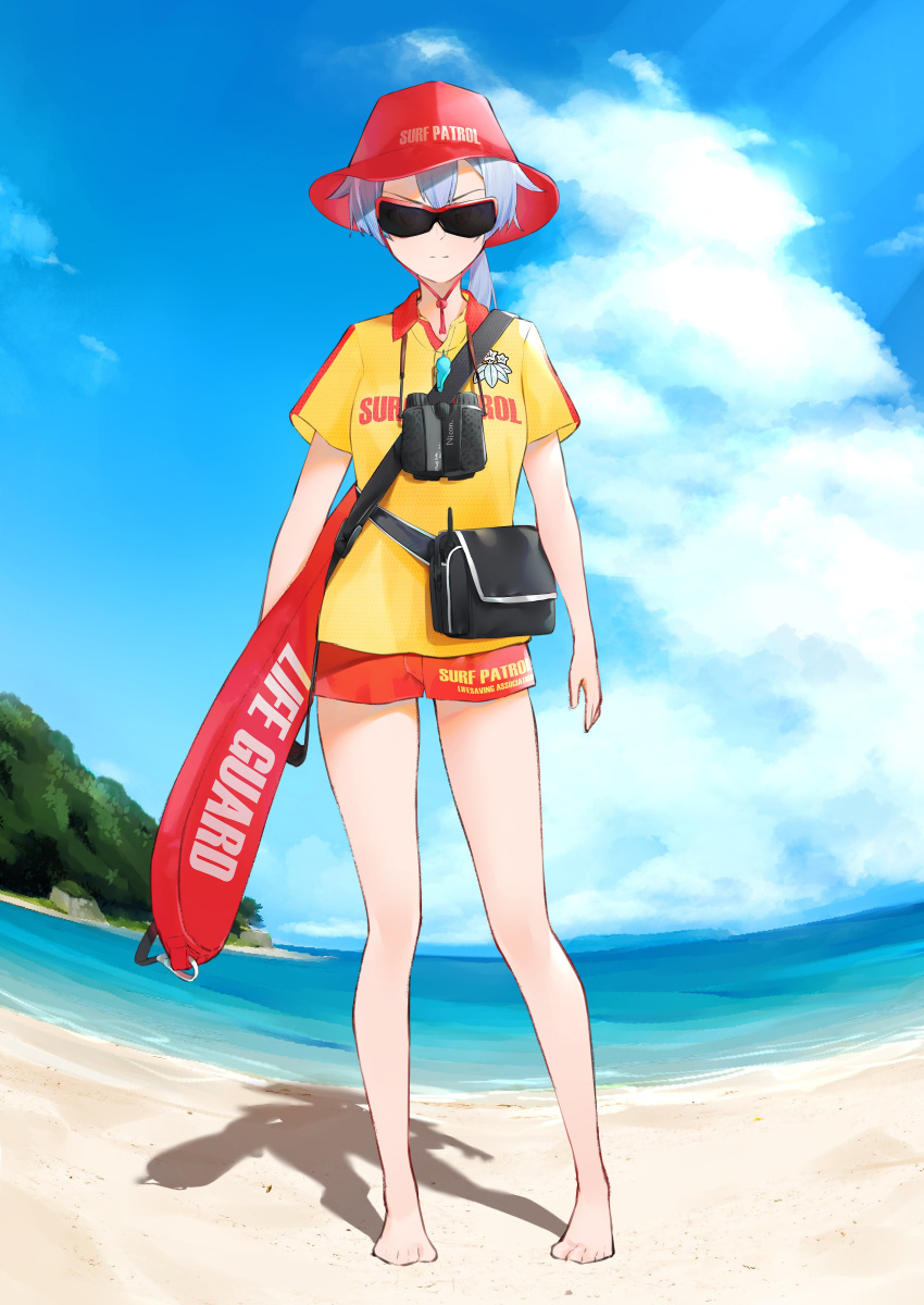 1girl absurdres barefoot beach binoculars blue_sky clouds commentary_request day fanny_pack fate/grand_order fate_(series) hat highres lifeguard long_hair looking_at_viewer ocean outdoors ponytail red_headwear red_shorts shirt shorts shoulder_strap silver_hair sky solo sunglasses tomoe_gozen_(fate/grand_order) vegetablenabe whistle whistle_around_neck yellow_shirt