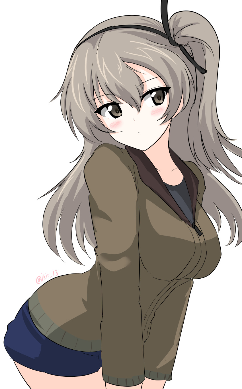 1girl absurdres aikir_(jml5160) bangs black_ribbon black_shirt blue_shorts blush brown_eyes brown_jacket closed_mouth cosplay denim denim_shorts eyebrows_visible_through_hair girls_und_panzer hair_ribbon head_tilt highres jacket kay_(girls_und_panzer) kay_(girls_und_panzer)_(cosplay) leaning_forward light_brown_hair long_hair long_sleeves looking_at_viewer military military_uniform one_side_up ribbon saunders_military_uniform shimada_arisu shirt short_shorts shorts simple_background solo standing twitter_username uniform v_arms white_background