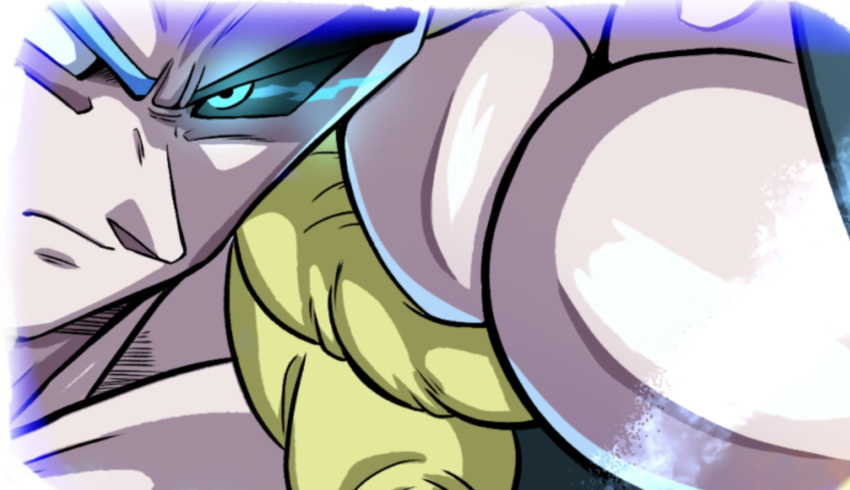 1boy black_sclera blue_eyes blue_hair close-up colored_sclera dragon_ball dragon_ball_super dragon_ball_super_broly glowing glowing_eyes gogeta heterochromia highres male_focus metamoran_vest muscular muscular_male no10hei30 solo super_saiyan super_saiyan_blue thumbnail_collage