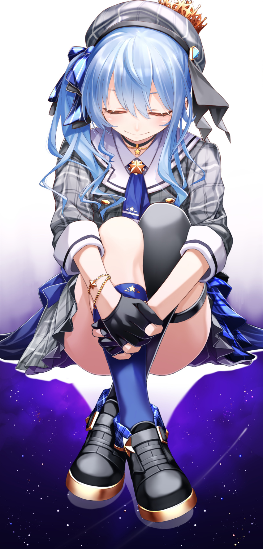 1girl absurdres beret blue_hair closed_eyes closed_mouth comet crossed_ankles dress fenrir_(fenlil0316) gloves gradient gradient_background hat highres holding_legs hololive hoshimachi_suisei plaid plaid_dress plaid_headwear ribbon shoes side_ponytail single_thighhigh sitting solo star_(sky) thigh-highs thigh_strap virtual_youtuber