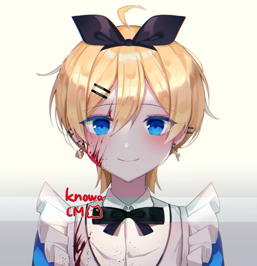 1girl black_bow blood blood_on_face blue_eyes bow commission hair_bow highres knowa korean_commentary looking_at_viewer original short_hair smile solo