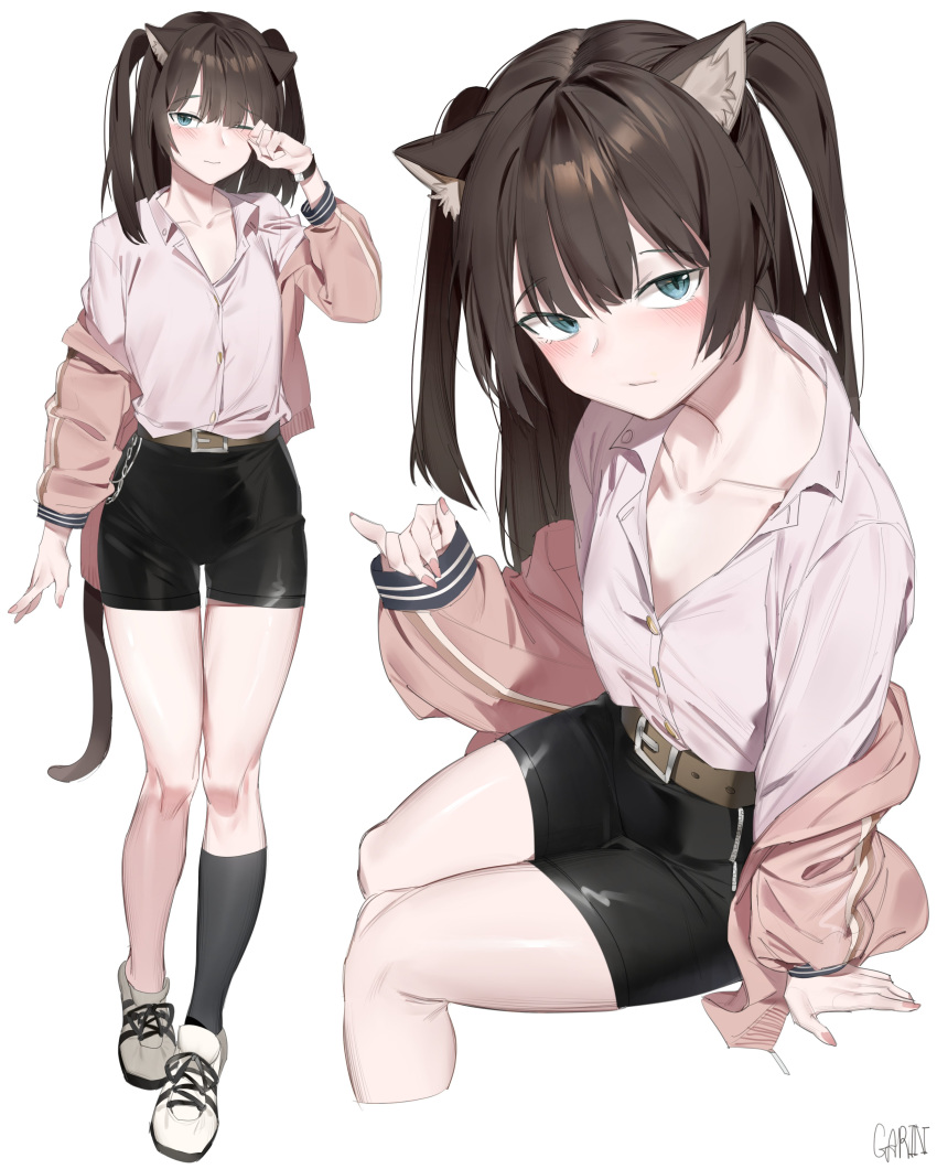 1girl absurdres animal_ears bangs belt blue_eyes blush brown_hair cat_ears collarbone garin highres jacket looking_at_viewer nail_polish open_clothes open_shirt original shoes shorts simple_background single_sock skirt socks solo unbuttoned unbuttoned_shirt