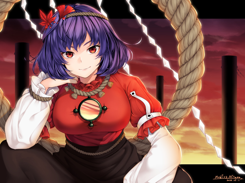 1girl artist_name autumn_leaves black_skirt blouse breasts clouds commentary_request dated hair_ornament head_rest highres leaf leaf_hair_ornament long_sleeves looking_at_viewer mirror mudix2 onbashira purple_hair red_blouse red_eyes red_sky rope shide shimenawa short_hair short_over_long_sleeves short_sleeves skirt sky smile solo touhou yasaka_kanako