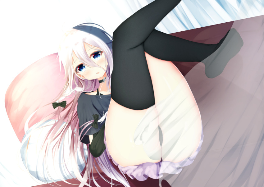 1girl :d aties20 bangs black_bow black_legwear black_panties black_shirt blue_eyes blush bow brown_hair curtains eyebrows_visible_through_hair gradient_hair hair_between_eyes hair_bow ia_(vocaloid) legs_up long_hair looking_at_viewer multicolored_hair no_shoes off-shoulder_shirt off_shoulder on_chair open_mouth panties pillow pleated_skirt purple_skirt shirt skirt smile soles solo thigh-highs transparent underwear very_long_hair vocaloid white_hair