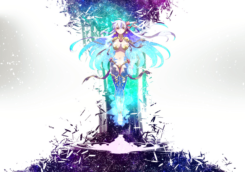 armlet armor ashwatthama_(fate/grand_order) bikini_armor chocolate_heaven_(fate/grand_order) collar dress earrings flower hair_ribbon highres horned_hood jewelry kama_(fate/grand_order) lotus metal_collar pink_ribbon purple_dress purple_legwear purple_sleeves ribbon ring shiromantou silver_hair thighlet