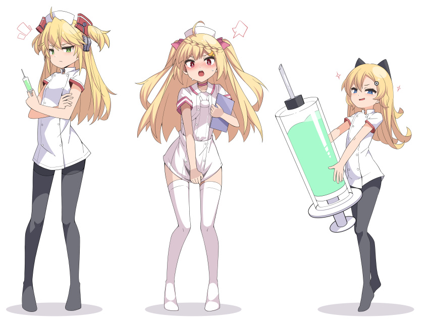 3girls abercrombie_(azur_lane) absurdres admiral_hipper_(azur_lane) ahoge alternate_costume azur_lane black_legwear blonde_hair blue_eyes braid commission crescent_(azur_lane) dress hair_ribbon hat highres holding kandori long_hair looking_at_viewer multiple_girls nurse nurse_cap oversized_object pantyhose red_eyes ribbon short_dress short_sleeves simple_background smile standing syringe thigh-highs white_background white_dress white_headwear white_legwear