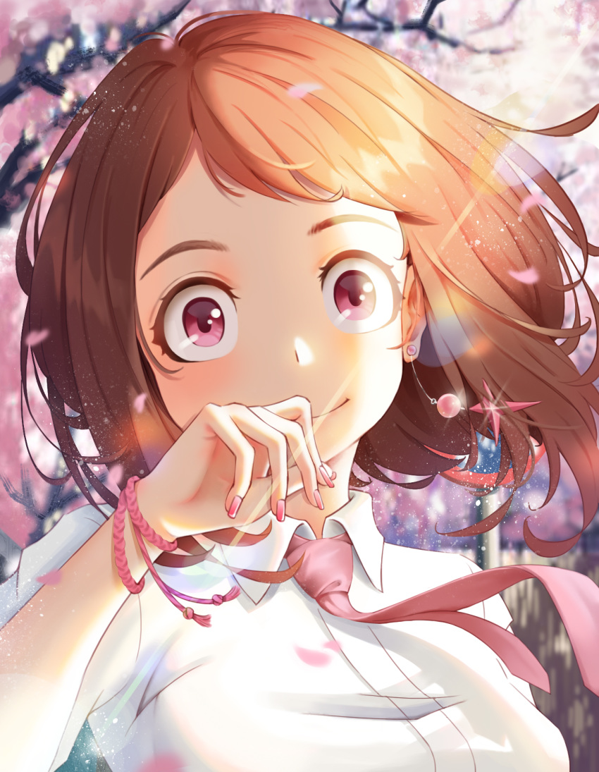 1girl bangs blurry blurry_background boku_no_hero_academia breasts brown_eyes brown_hair cherry_blossoms closed_mouth collared_shirt commentary_request day fingernails floating_hair hand_up highres jewelry looking_at_viewer miaoliangbanfan nail_polish necktie outdoors petals pink_eyes pink_nails pink_neckwear shirt short_hair smile solo sunlight swept_bangs tree upper_body uraraka_ochako white_shirt
