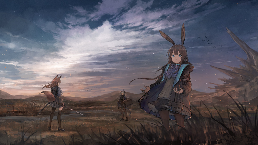 3girls absurdres amiya_(arknights) animal_ears arknights axleaki clouds franka_(arknights) highres huge_filesize liskarm_(arknights) multiple_girls name_tag pantyhose rabbit_ears scenery shield sword tail thigh-highs wallpaper weapon