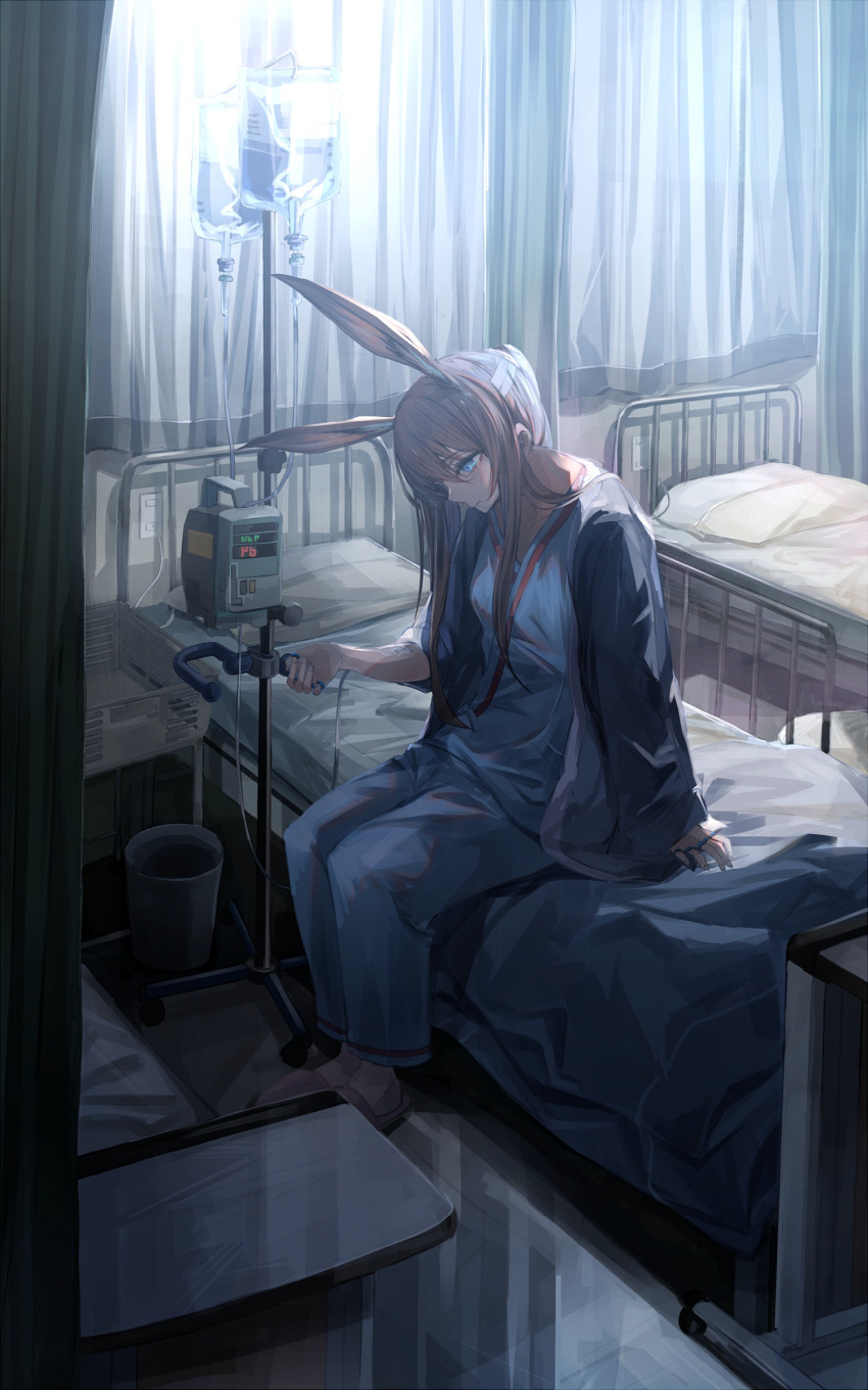 absurdres amiya_(arknights) animal_ears arknights arm_at_side bandaged_head bandages bed blue_eyes brown_hair curtains drugs expressionless feet hand_up head_down highres hospital hospital_bed hospital_gown intravenous_drip iv_stand jacket jewelry long_hair miyabino_(miyabi1616) on_bed open_clothes open_jacket pants rabbit_ears ring shoes sitting slippers solo