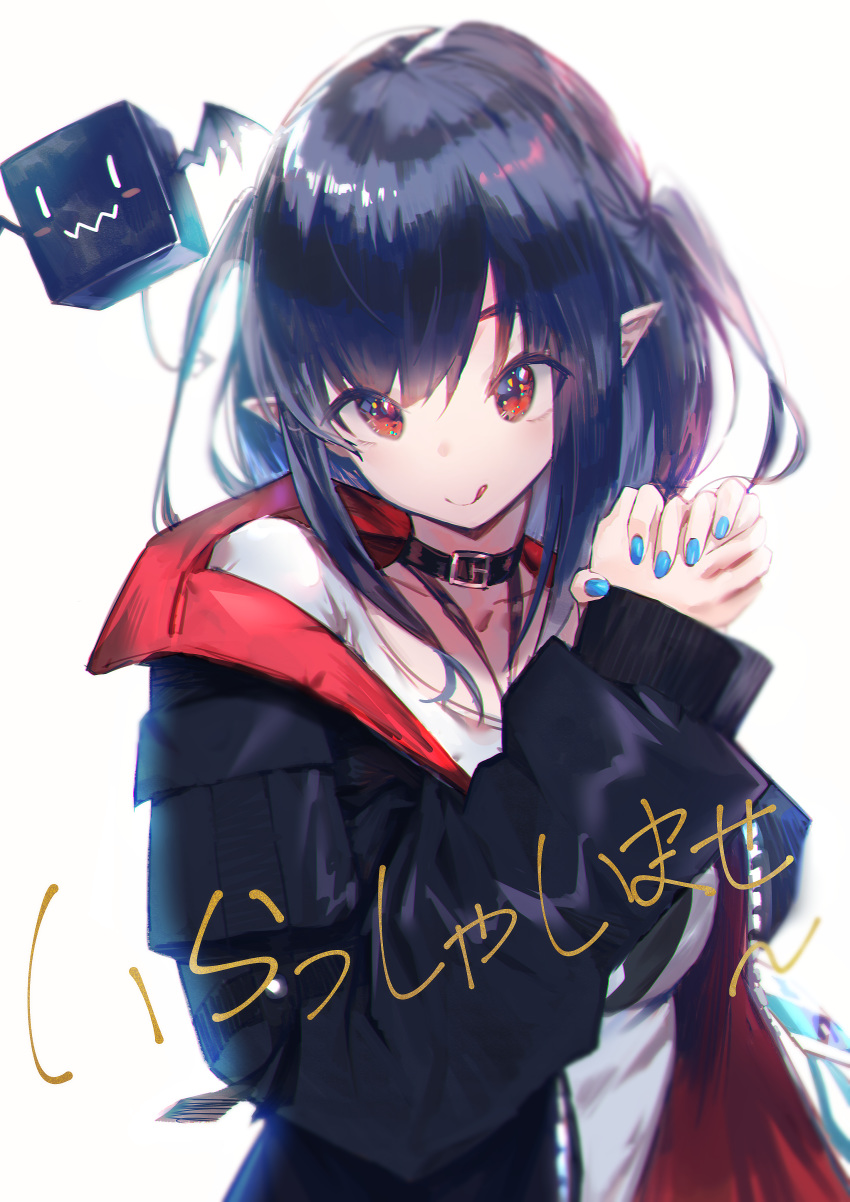 1girl :p absurdres arknights bangs black_hair black_jacket blue_nails breasts closure_(arknights) collar cube echomlete floating floating_object hair_between_eyes hands_together highres huge_filesize id_card jacket long_hair long_sleeves looking_at_viewer nail_polish pointy_ears red_eyes shirt smile solo tongue tongue_out two_side_up white_shirt